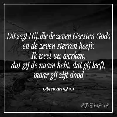 boom in woestijn en Bijbeltekst openbaring 3-1-dit zegt hij die de zeven geesten gods en de zeven sterren heeft ik weet uw werken dat gij de naam hebt dat gij leeft maar gij zijt dood