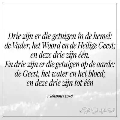 1 johannes 5-7-8-drie getuigen in de hemel de vader het woord en de heilige geest en deze drie zijn een en drie zijn er die getuigen op de aarde de geest het water en het bloed en deze drie zijn een