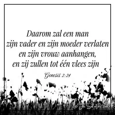 Bijbelvers genesis 2-24-daarom zal een man zijn vader en moeder verlaten en zijn vrouw aanhangen en zij zullen tot een vlees zijn