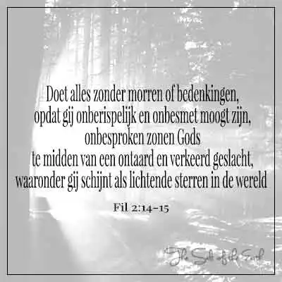 Bijbeltekst filippenzen 2-14-15-doet alles zonder morren of bedenkingen opdat gij onberispelijk en onbesmet moogt zijn onbesproken zonen gods te midden van een ontaard en verkeerd geslacht waaronder gij schijnt als lichtende sterren in de wereld