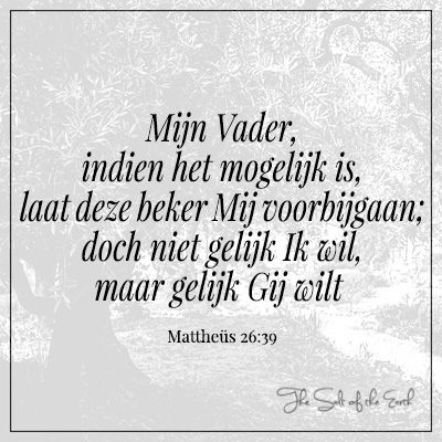 Mattheus 26:39 Mijn Vader indien mogelijk laat deze beker Mij voorgaan doch niet gelijk Ik wil maar gelijk Gij wilt