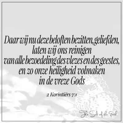bijbeltekst 2 korintiers 7-1 Laten wij ons reinigen van alle bezoedeling des vlezes en geestes en zo onze heiligheid volmaken in de vreze Gods