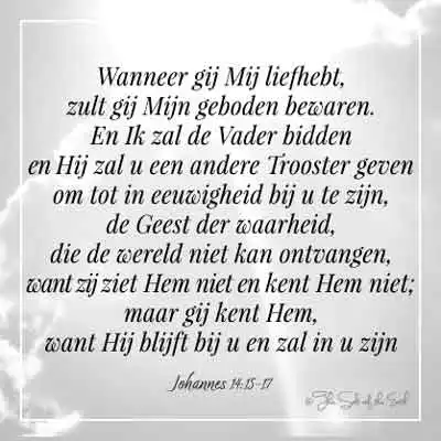 bijbeltekst johannes 14-16-17 wanneer gij mij liefhebt zult gij mijn geboden bewaren en ik zal de vader bidden en hij zal u een andere trooster geven de geest der waarheid die de wereld niet kan ontvangen want zij ziet hem niet en kent hem niet
