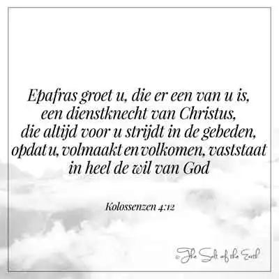 Bijbeltekst kolossenzen 4-12-epafras groet u  die er een van u is een dienstknecht van Christus die altijd voor u strijdt in de gebeden opdat u volmaakt volkomen vaststaat in heel de wil van God