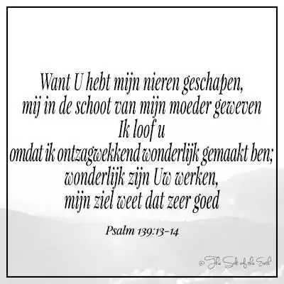 Bijbeltekst psalm 139-13-gij hebt mijn nieren gevormd mij in moederschoot geweven ik loof u omdat ik ontzagwekkend wonderlijk gemaakt ben wonderlijk zijn uw werken mijn ziel weet dat zeer wel