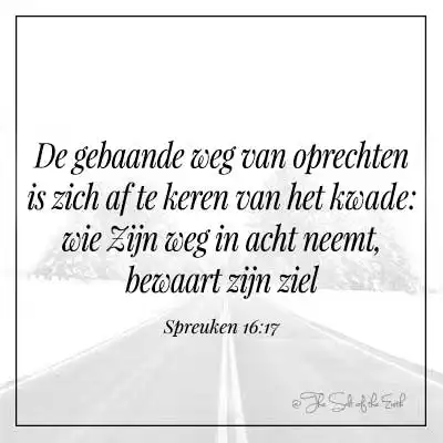 bijbelvers spreuken 16-17 gebaande weg van oprechten is zich af te keren van het kwade wie zijn weg in acht neemt bewaart zijn ziel