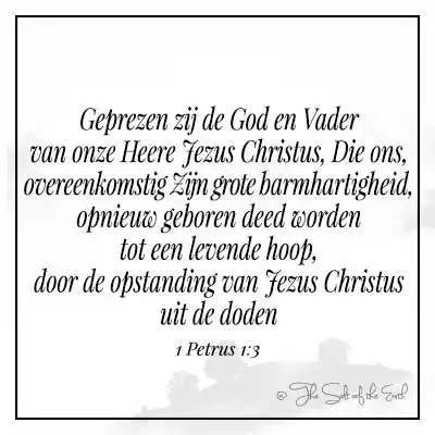 Bijbeltekst 1-petrus-1-3-geprezen zij de God en vader van onze heere jezus christus die ons overeenkomstig zijn grote barmhartigheid opnieuw geboren deed worden tot een levende hoop door de opstanding van jezus christus uit de doden